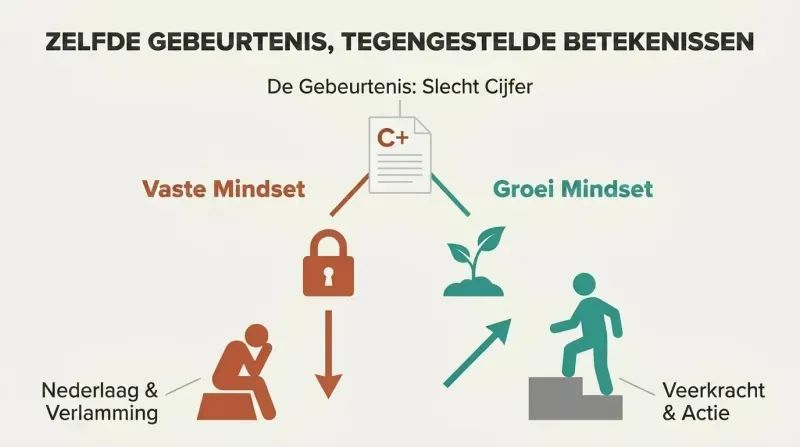 Split fork diagram showing how a single bad grade leads to defeat in a fixed mindset but triggers constructive action in a growth mindset.