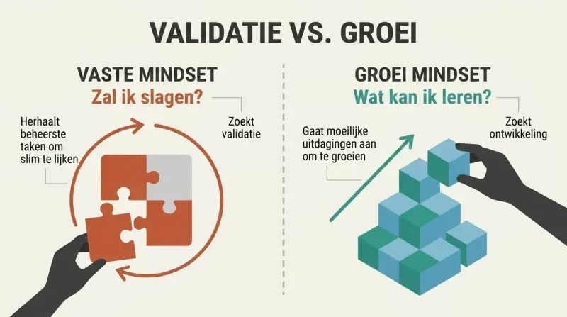 Split-panel diagram contrasting a fixed mindset repeating easy tasks to feel validated with a growth mindset tackling complex structures to learn.