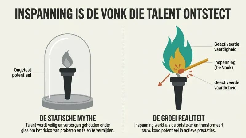 A split-panel diagram contrasting a cold, unlit torch trapped under a glass jar representing a fixed mindset with a bright, ignited torch sparked by effort representing a growth mindset.