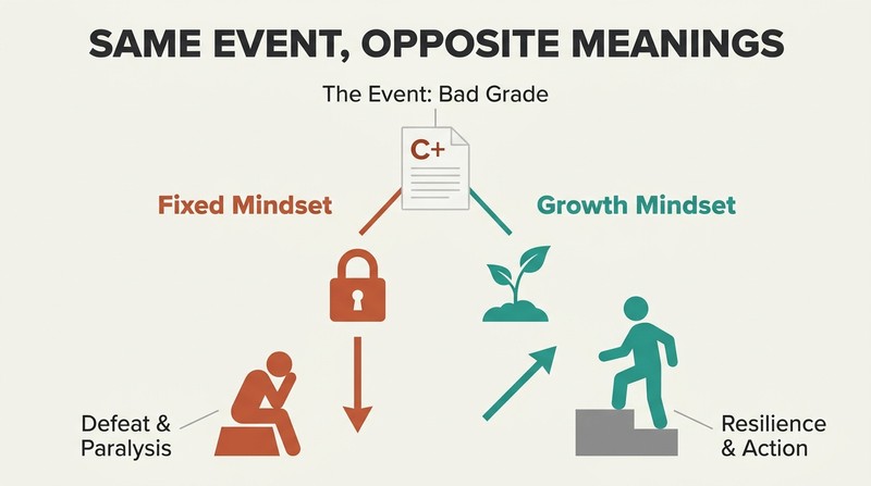Split fork diagram showing how a single bad grade leads to defeat in a fixed mindset but triggers constructive action in a growth mindset.