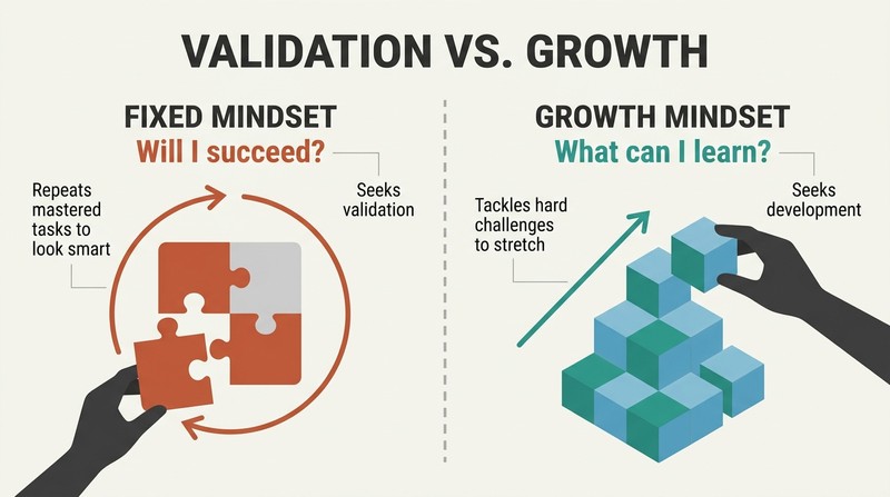 Split-panel diagram contrasting a fixed mindset repeating easy tasks to feel validated with a growth mindset tackling complex structures to learn.