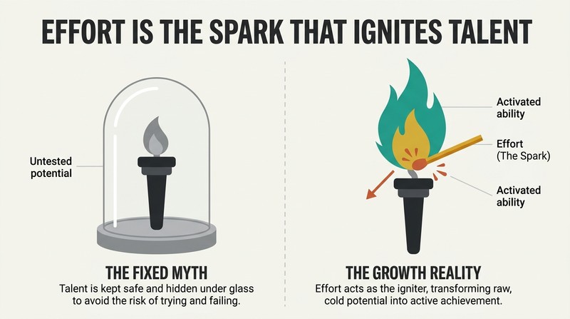 A split-panel diagram contrasting a cold, unlit torch trapped under a glass jar representing a fixed mindset with a bright, ignited torch sparked by effort representing a growth mindset.