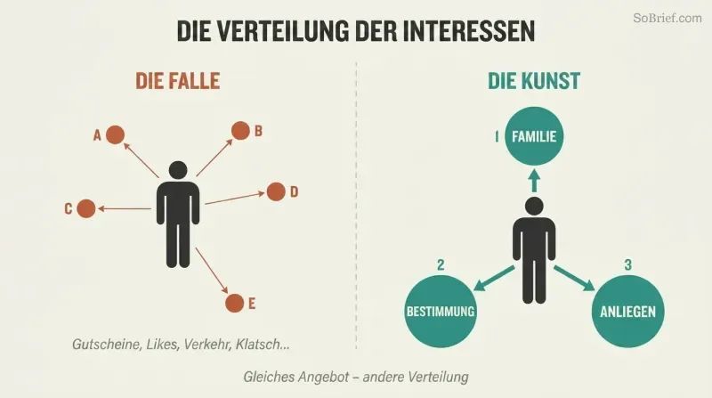 Split panel comparing scattered attention across many trivial concerns versus focused investment in three meaningful priorities like family, purpose, and cause.