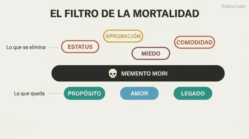 Horizontal Memento Mori filter bar blocks outlined trivial concerns above while solid purpose, love, and legacy pass through below.
