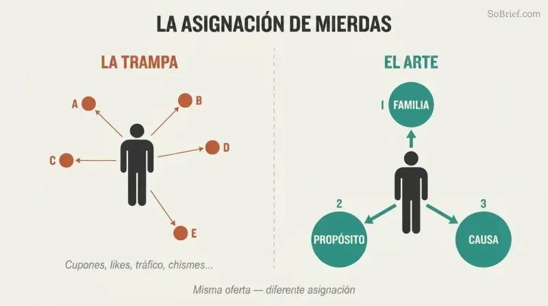 Split panel comparing scattered attention across many trivial concerns versus focused investment in three meaningful priorities like family, purpose, and cause.