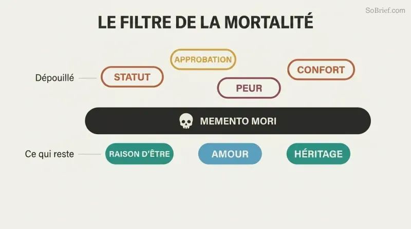 Horizontal Memento Mori filter bar blocks outlined trivial concerns above while solid purpose, love, and legacy pass through below.