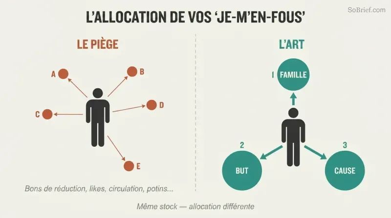 Split panel comparing scattered attention across many trivial concerns versus focused investment in three meaningful priorities like family, purpose, and cause.