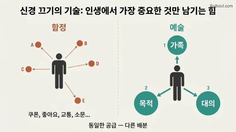 Split panel comparing scattered attention across many trivial concerns versus focused investment in three meaningful priorities like family, purpose, and cause.