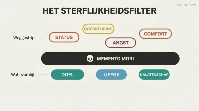 Horizontal Memento Mori filter bar blocks outlined trivial concerns above while solid purpose, love, and legacy pass through below.