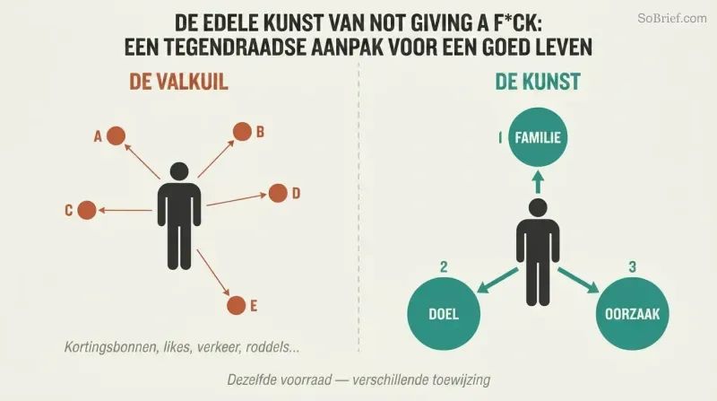 Split panel comparing scattered attention across many trivial concerns versus focused investment in three meaningful priorities like family, purpose, and cause.