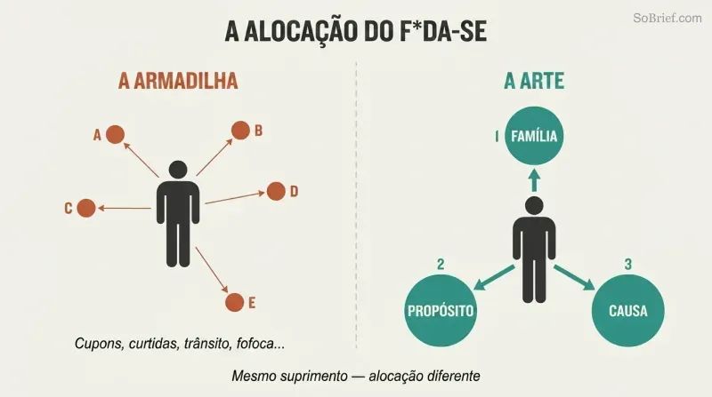 Split panel comparing scattered attention across many trivial concerns versus focused investment in three meaningful priorities like family, purpose, and cause.