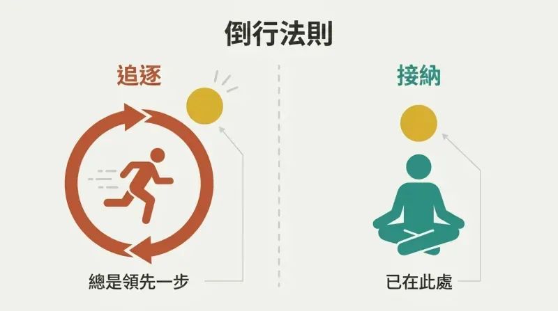 Split panel contrasting a figure trapped running inside a circular pursuit loop with a still seated figure at peace beside happiness.