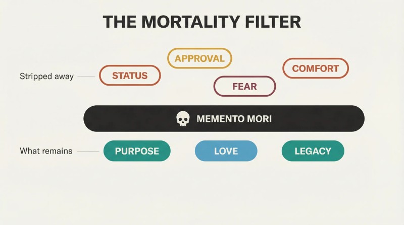 Horizontal Memento Mori filter bar blocks outlined trivial concerns above while solid purpose, love, and legacy pass through below.