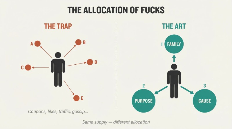 Split panel comparing scattered attention across many trivial concerns versus focused investment in three meaningful priorities like family, purpose, and cause.
