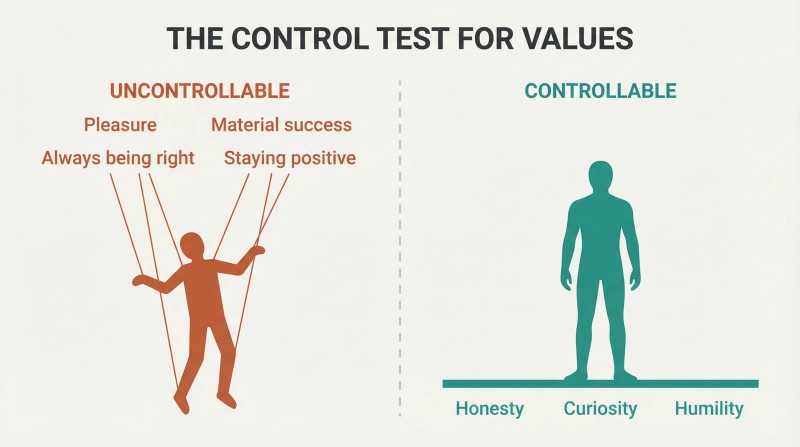 Split comparison showing a marionette pulled by uncontrollable values versus a figure standing on a foundation of controllable values.