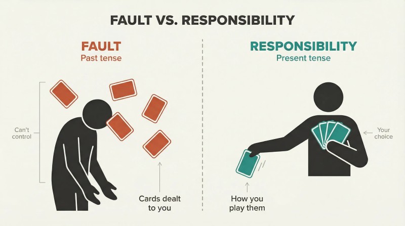 Split panel contrasting a passive figure receiving falling cards labeled Fault with an upright figure actively playing cards labeled Responsibility.