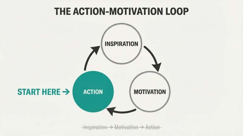 Three-node cyclical loop connecting action, inspiration, and motivation, with the action node highlighted as the entry point to break paralysis.