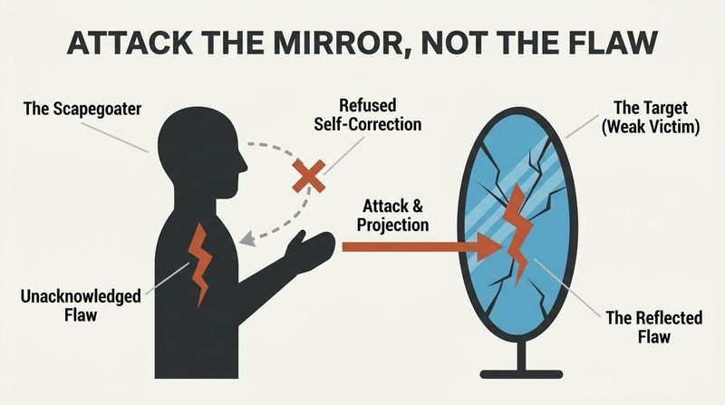 A conceptual diagram showing a dark silhouette projecting its own internal flaw onto a mirror on the right and attacking the mirror, rather than looking inward to heal.
