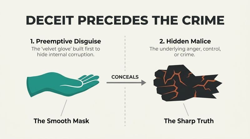 Two-panel diagram showing a gentle teal-gloved hand on the left representing preemptive deceit, and a jagged dark charcoal fist on the right representing hidden malice.