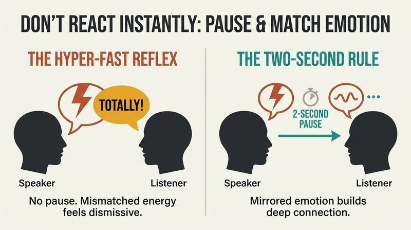 A split-panel diagram comparing a reflexive, instant reaction with a thoughtful reaction using the two-second pause rule.