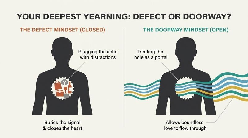 Split-panel diagram contrasting a silhouette with a blocked chest cavity filled with distractions versus a silhouette with an open, flowing portal of light.