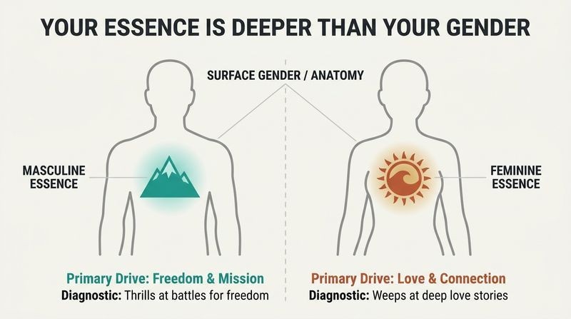 Split diagram showing that outer physical anatomy is just a shell, while the deep core of a person houses either a Masculine Essence driven by freedom or a Feminine Essence driven by love.