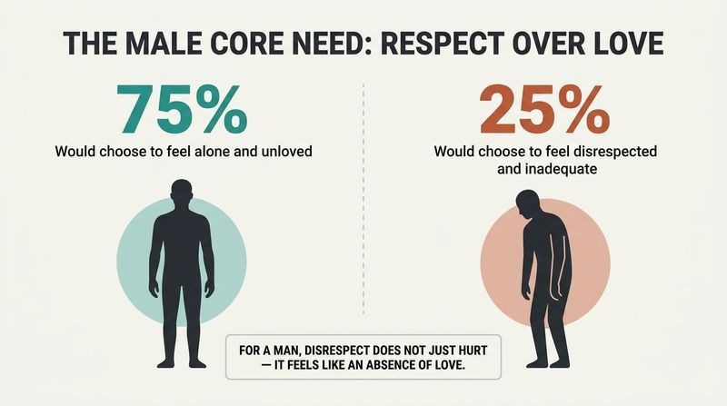 Split-panel diagram showing that 75 percent of men would choose to feel alone and unloved rather than feel disrespected and inadequate.