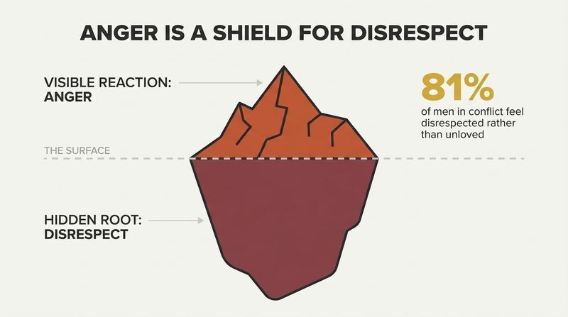 Iceberg diagram showing a man's visible anger as a sharp peak above water, while a much larger submerged base represents his hidden feelings of disrespect.