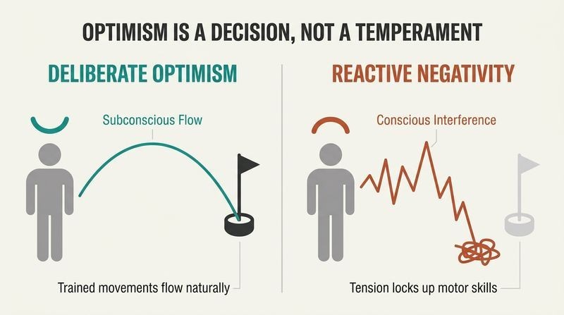 Split panel diagram comparing how deliberate optimism creates smooth subconscious flow to reach a target, while reactive negativity causes jagged conscious interference and failure.