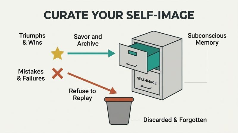 A conceptual diagram showing how champions selectively archive triumphs into their subconscious memory while discarding mistakes into a trash bin.