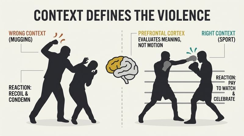 Split-panel diagram showing how the exact same physical strike is judged as a crime or celebrated as a sport based entirely on context decoded by the brain's prefrontal cortex.