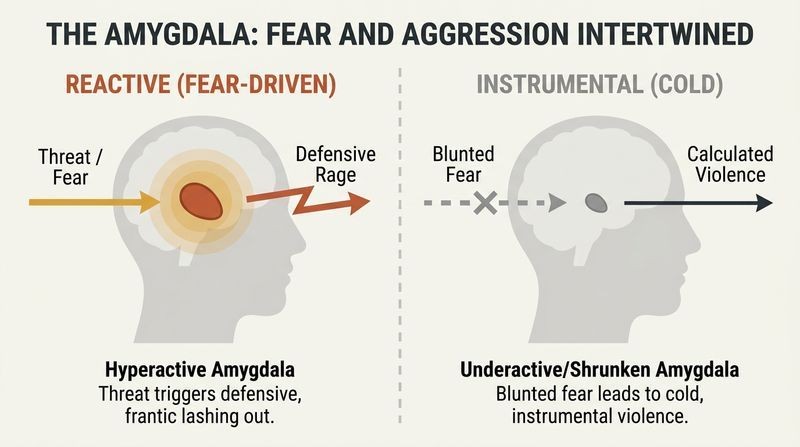 Split panel diagram comparing fear-driven reactive aggression with an enlarged active amygdala to cold instrumental aggression with an underactive shrunken amygdala.