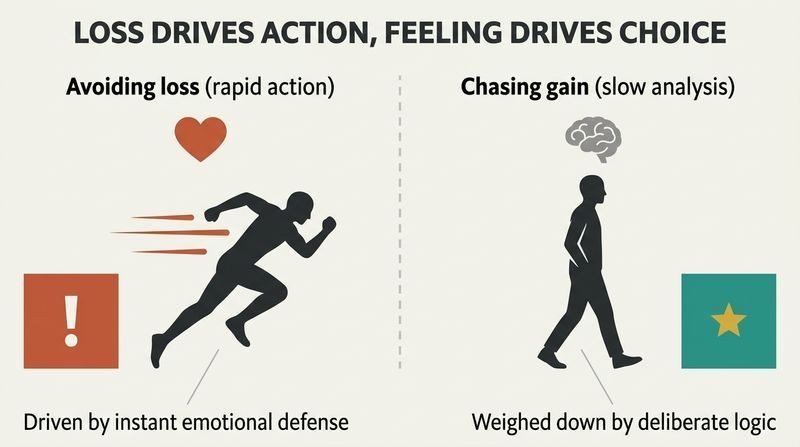 Split panel diagram comparing how the threat of loss combined with emotional feelings drives fast action, while the promise of gain combined with logic leads to slower, hesitant movement.