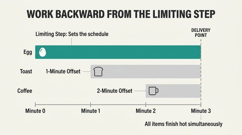 Parallel timeline diagram showing how three steps of different durations are scheduled backward from a single delivery line, with the longest step (egg, 3 mins) acting as the limiting step.