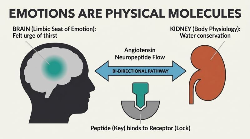 A scientific diagram showing the bidirectional connection between brain and body via neuropeptides, mapping how a single molecule triggers mental states and physical responses simultaneously.