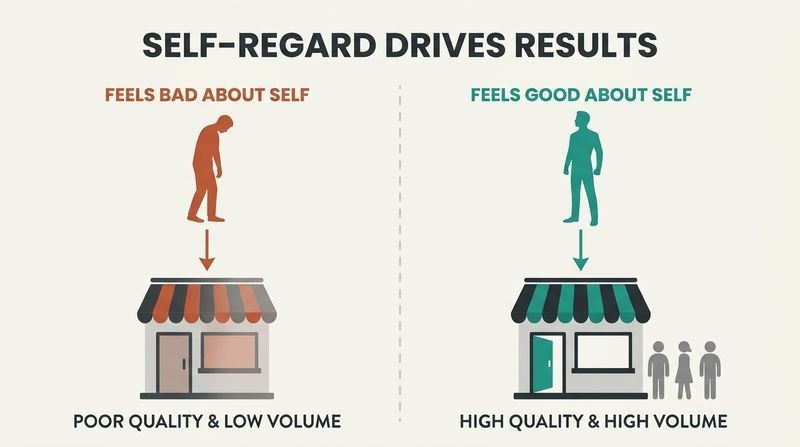 Split panel comparison showing how low employee self-regard leads to an empty business, while high self-regard creates a thriving, high-volume business.
