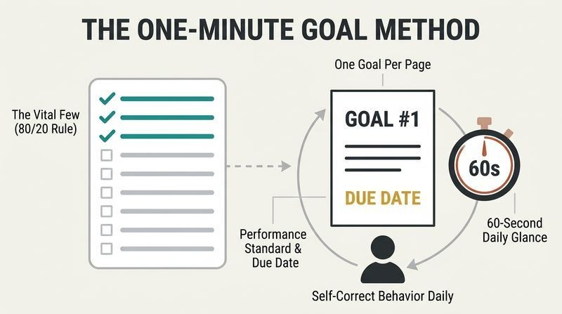A conceptual diagram showing the selection of three key goals from a larger list, detailed on a single-page template with performance standards alongside a 60-second timer for daily self-correction.