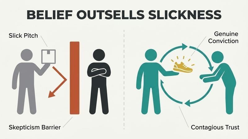 Split-panel diagram showing a transaction blocked by a wall of skepticism on the left, contrasted with an authentic exchange on the right where shared belief creates a contagious loop of trust.