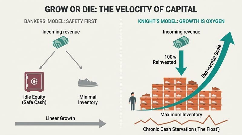 Split panel comparison contrasting the Bankers' safe model of building equity with Phil Knight's high-velocity model of reinvesting 100% of cash into inventory to fuel exponential growth.