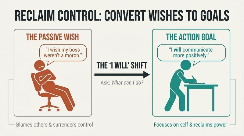 Split panel comparison showing how converting a passive terracotta-colored wish into an active teal action-owning goal shifts a person from helplessness to personal power.