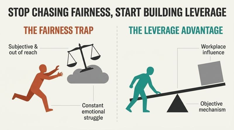 A split-panel diagram contrasting the frustrating pursuit of subjective organizational fairness with the highly effective mechanical advantage of strategic workplace leverage.