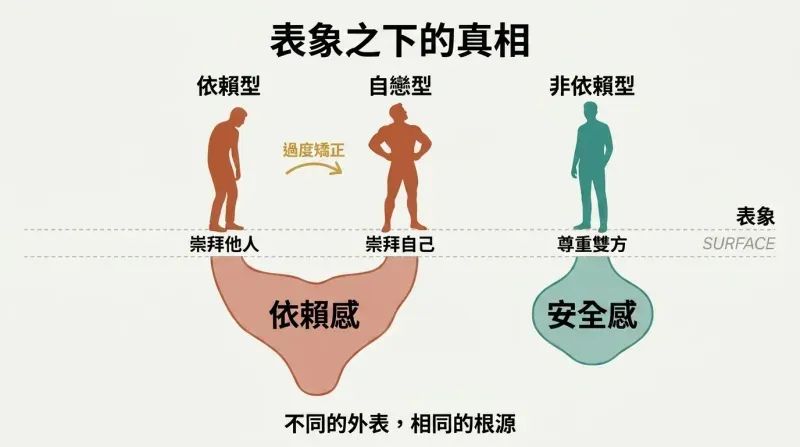 Three silhouette figures above a surface line show different postures, but below the line the submissive and aggressive figures share the same "neediness" root while only the balanced figure stands on genuine security.