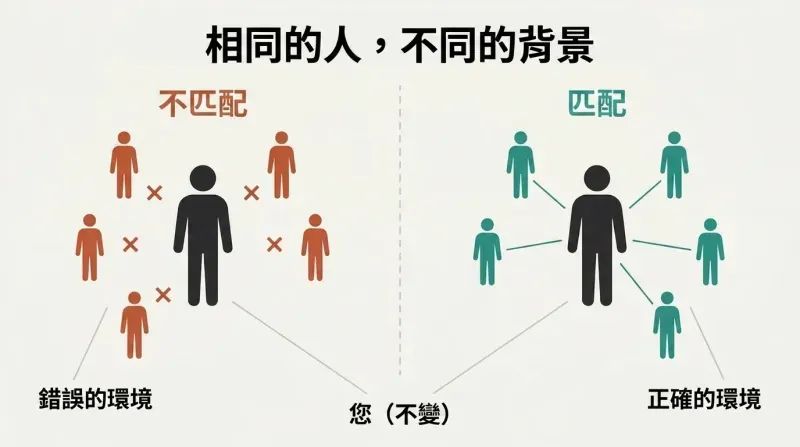 Split panel comparing a mismatched figure isolated in the wrong environment against the same figure connecting naturally in a matched environment.