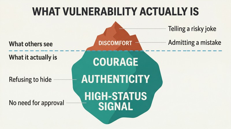 Iceberg diagram showing vulnerability's small visible surface of discomfort above a waterline, with a massive submerged foundation of courage, authenticity, and high-status signaling below.
