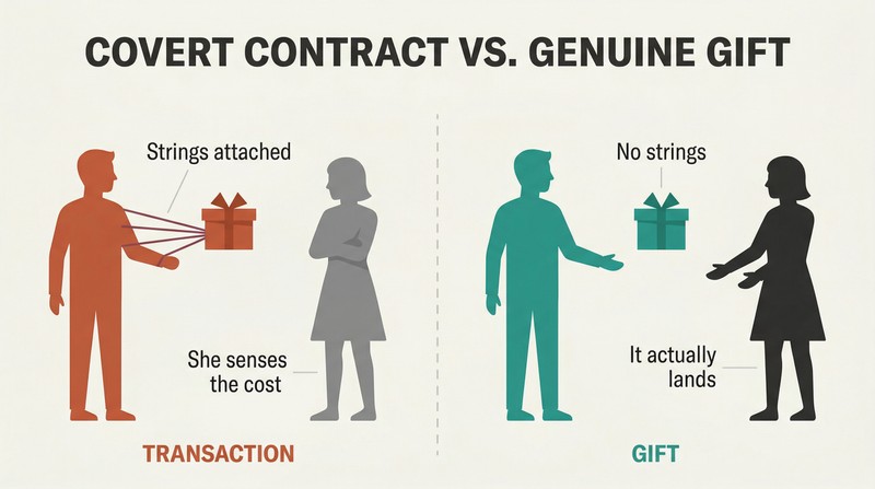 Split panel comparing a compliment with strings attached pulling back to the giver versus an identical compliment given freely with no strings.