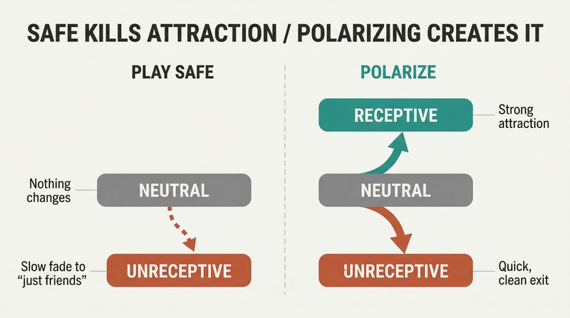 Split panel comparing two strategies: playing safe keeps a neutral bar that slowly sinks to rejection, while polarizing splits the same bar upward into attraction and downward into rejection.