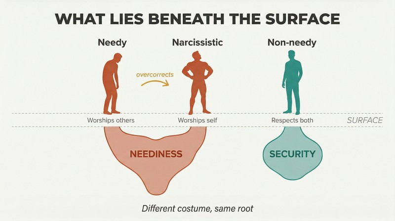 Three silhouette figures above a surface line show different postures, but below the line the submissive and aggressive figures share the same "neediness" root while only the balanced figure stands on genuine security.
