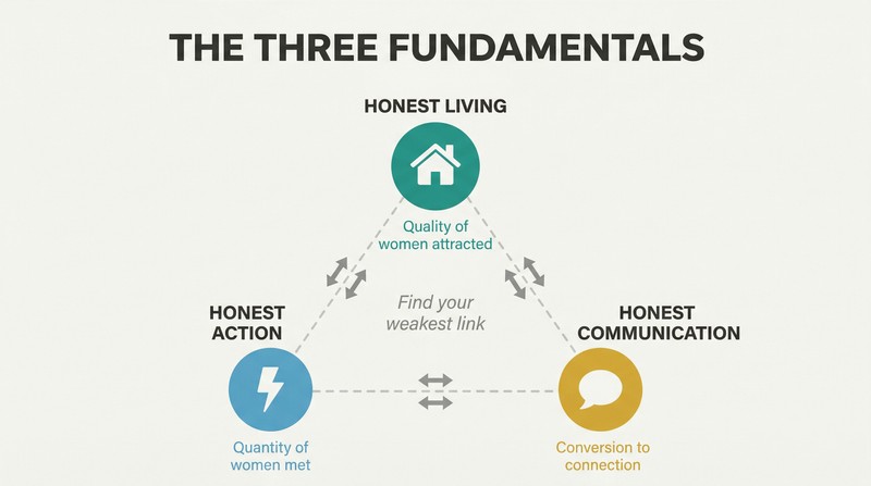 Triangle connecting three pillars of attraction — lifestyle, boldness, and communication — each labeled with its distinct outcome of quality, quantity, or conversion.