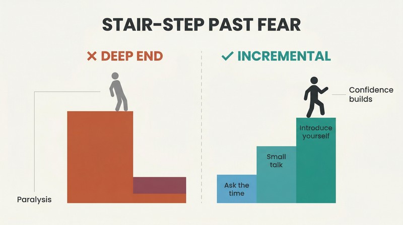 Split comparison showing a figure frozen at a cliff edge on the left versus a figure climbing three ascending steps labeled with incremental social actions on the right.