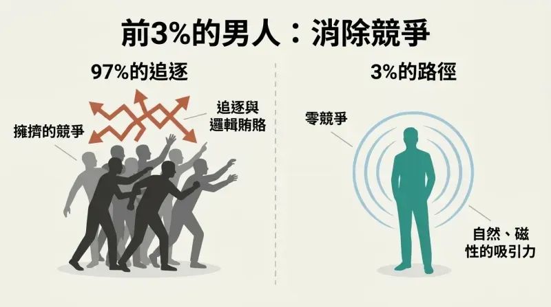 Split panel illustration comparing the chaotic, crowded competition of the 97% of men chasing attraction, versus the peaceful, effortless space of the 3% man who stands alone and magnetic.